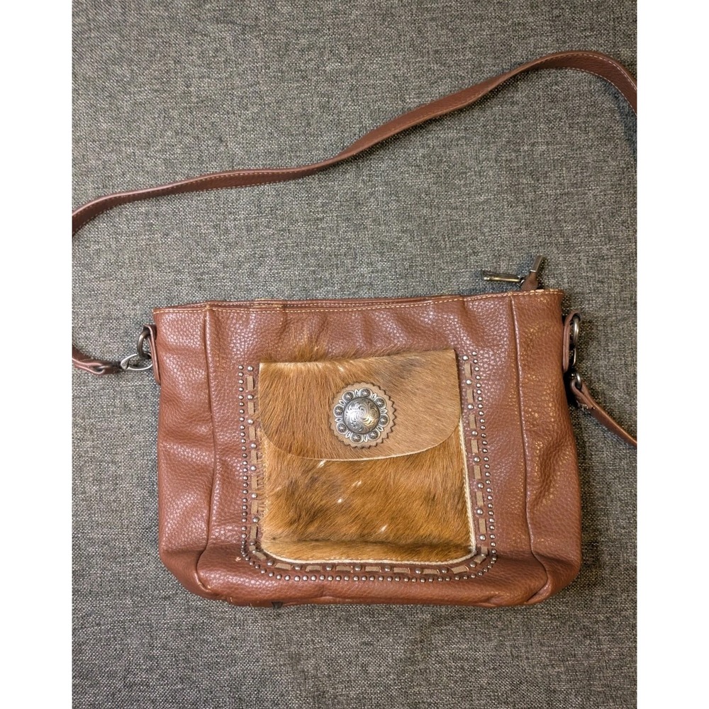 Trinity Ranch Hair On Hide Pebbled Leather Crossbody Bag Brown Western Purse